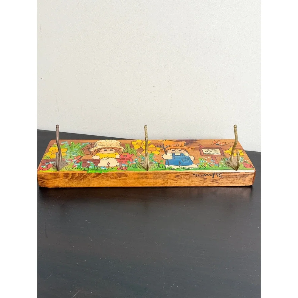 Vintage 1975 Hand Painted Wood Wall Hook Coat Rack Folk Art Cottagecore Retro